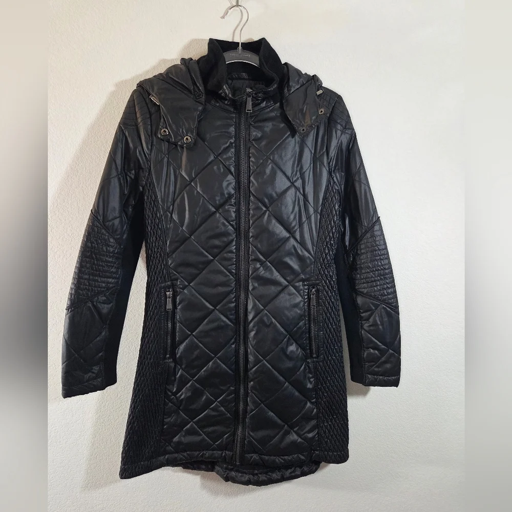 BCBGeneration Black Longline Quilted Lightweight Detachable Hood Puffer Coat